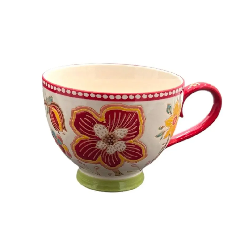Anthropologie Artistic Accent Hand Painted Tea/Coffee Cup Red‎ Floral Large EUC